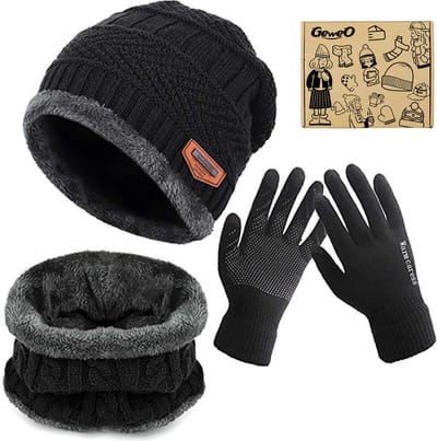 Geweo Hoed Colsjaal Handschoenen Set - Mutsen - Sjaal - Handschoenen - Gebreide Baggy Warme Skimutsen - Wintermuts Gevoerd Wol - Unisex - Kerst Geschenk - Zwart - Kerstmis - Kerstfeest - Christmas Gift
