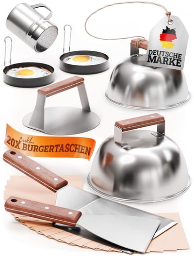 Dailygoods- Smashburger Set XXL - roestvrijstalen pers - acaciahouten handgrepen - 20 burgertassen - grillspatels - perfecte smashburgers - gemakkelijk te reinigen - Burger Set