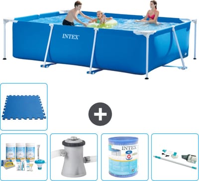 Intex Rechthoekig Frame Zwembad - 300 x 200 x 75 cm - Blauw - Inclusief Onderhoudspakket - Zwembadfilterpomp - Filter - Stofzuiger - Vloertegels - 6-delig