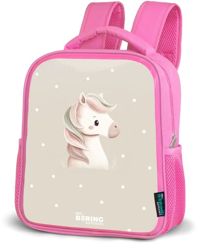NoBoringSuitcases.com® - Rugzak roze - Schooltas meisjes - Pony omringd door stippen in beige kleuren - Kinder rugtas meisje - Boekentas kind - Kinderrugzak voor school - Schoolrugzak