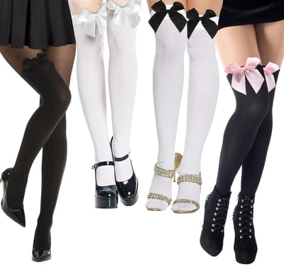 Dames Overknee Kousen met Strik, Hoge Kousen voor Cosplay en Feestjes, Zwart en Wit, Perfect voor Kerst en Speciale Gelegenheden