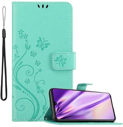 Cadorabo Hoesje geschikt voor Samsung Galaxy A41 in BLOEMEN TURKOOIS - Beschermhoes in bloemmotief met magnetische sluiting, standfunctie en kaartsleuven Book Case Cover Etui