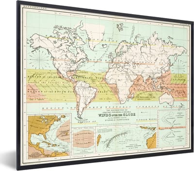 Poster in lijst - Fotolijst 40x30 cm - Posters - Oude meteorologische wereldkaart - Posterlijst zwart - Decoratie - Wanddecoratie woonkamer - Muurdecoratie slaapkamer