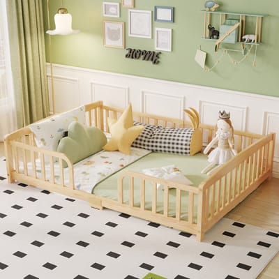 Sweiko Kinderbed - 140 × 200 cm - Met veiligheidshekjes - Houten frame - Zonder lattenbodem - Natuurlijke