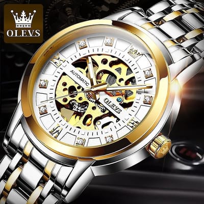HO-9901.gz : Olevs goudzilverkleurig automatisch/mechanisch edelstaal heren skeleton horloge, 3BAR, tourbillon, luminiscerend