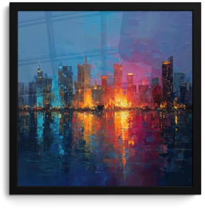 Poster in lijst - Fotolijst 40x40 cm - Posters - Skyline - Penseelstreken - Donkerblauw - Lichtgevend - Posterlijst zwart - Decoratie - Wanddecoratie woonkamer - Muurdecoratie slaapkamer