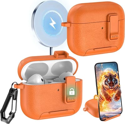 Compatibele AirPods Pro 2 Hoes met Lock Clip en Stand Functie, Leer Textuur Schokbestendig en Inclusief Carabiner Sleutelhanger voor AirPods Pro 2 PWZ-Orange