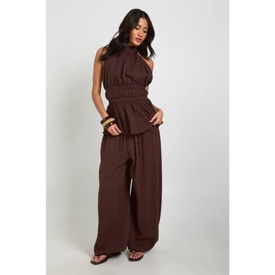boohoo Dames Katoenen Gaas Ballonpijp Broek | Chocoladebruin | Maat: 34