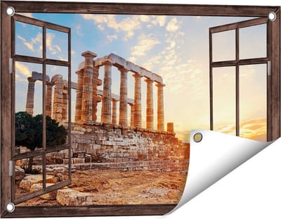 Gards Tuinposter Doorkijk Tempel van Poseidon in Athene, Griekenland - 60x40 cm - Tuindoek - Tuindecoratie - Wanddecoratie buiten - Tuinschilderij