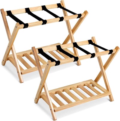 Opvouwbaar Bagagerek - Kofferstandaard Hout - Logeerkamer Inrichting - Met Extra Plank - 68x37x68 cm - Naturel