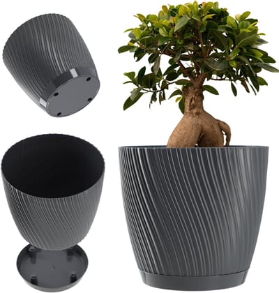 KADAX Bloempot met onderzetter, plantenpot in driedimensionale golfvorm, kunststof plantenpot, decoratieve pot voor bloemen, cactussen en kruiden (19 cm, antraciet)