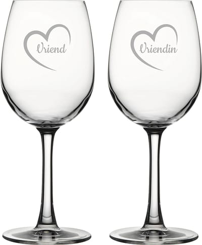 Gegraveerde witte wijnglas 36cl Vriend met hartje & Vriendin met hartje