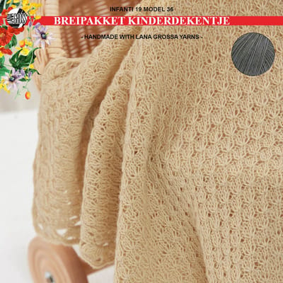 Breipakket deken- kinderdeken- kado-kraamcadeau- Ecopuno garen-Lana Grossa-model 36 van Infanti 19 -taupe 063