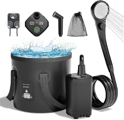 GELLDG Campingdouche - Draagbaar - Campingdoucheset - Inclusief oplaadbare waterpomp, douchekop en opvouwbare emmer - Slim display - Ideaal voor buitenreizen, kamperen en wandelen