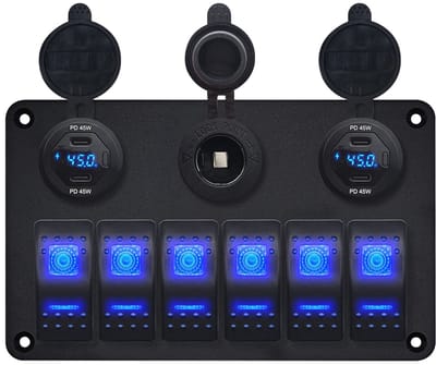 ProRide Schakelpaneel 12V voor Auto/Boot - 4 USB C Poorten met Wattagemeter - 45W/QC3.0 - 6 schakelaars + 12V/24V stopcontact