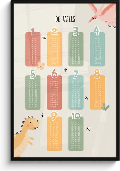 Poster in lijst - Fotolijst 80x120 cm - Posters - Tafels van vermenigvuldiging - Educatief - Leren rekenen voor kinderen - Cijfers oefenen - Dinosaurus - Posterlijst zwart - Kamer decoratie - Wanddecoratie kinderkamer - Muurdecoratie babykamer