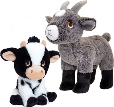Pluche knuffel boerderijdieren voordeelset koe en geit van 19 cm