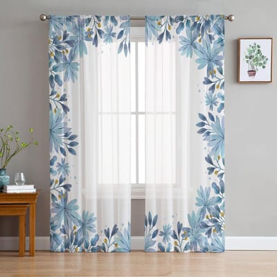 Blauwe Aquarel Bloem Transparante Raamgordijnen Voor Woonkamer Keuken Kinder Slaapkamer Voile Hanggordijn 135W x 114H(cm) white