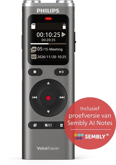 Philips DVT2075 Audio recorder - 2 Hoogwaardige microfoons - Stereo MP3-/ PCM-opname - Sembly AI Notes-software/ spraakherkenning - Groot verlicht display - 8 GB - USB-C - oplaadbare accu - Antraciet