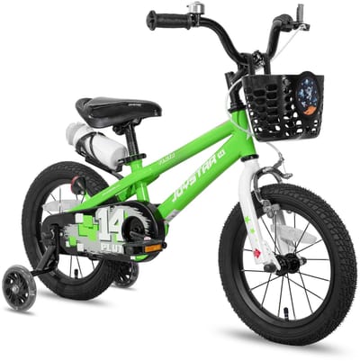 Joystar Pluto Kinderfiets - 12 inch - met mandje - met waterfles - zijwieltjes - bel - handrem - groen - Geschikt voor buitenactiviteiten in de lente