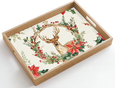 Dienblad hout 50x35 cm - Schootdienblad - Kerstkrans - Hert - Hulst - Rood - Borrelplank rechthoek - Plateau dienbladen