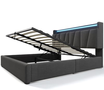 Een gestoffeerd tweepersoonsbed met USB-oplaadmogelijkheid, een hoofdbord met opbergruimte en ledverlichting, afmetingen 140x200 cm, met een bedframe met opbergruimte, een lattenbodem van hout en een grijze kleur (matras niet inbegrepen).