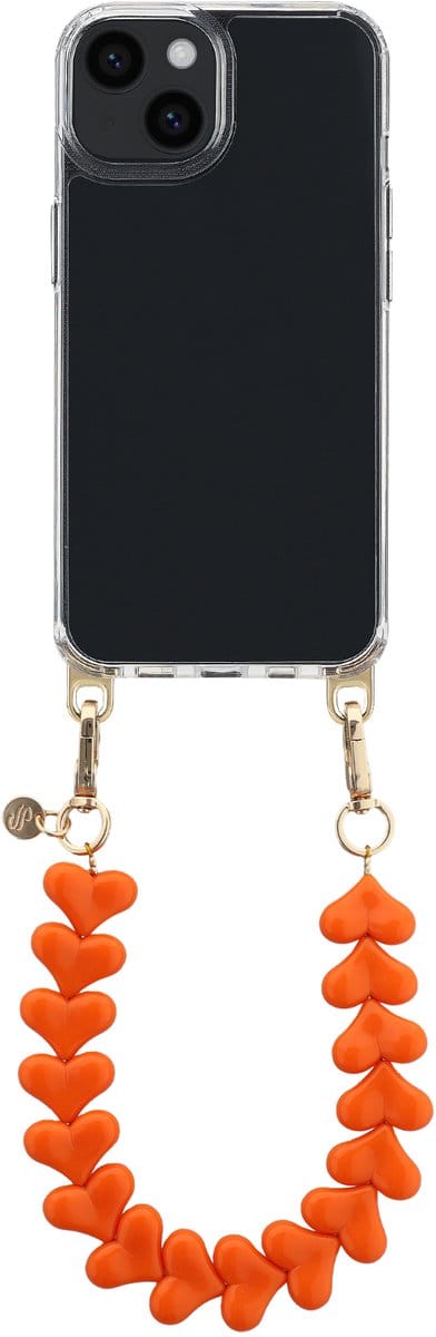 Selencia Transparant Hoesje met Haakjes inclusief Hartjes Polskoord - Geschikt voor Apple iPhone 14 - Oranje