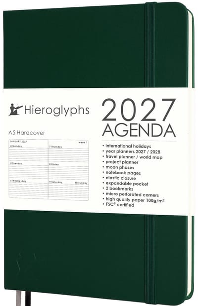Hieroglyphs Agenda 2027 A5 - 1 Week op 2 pagina's - Harde Kaft - Elastiek - Opbergvak - 2 Bladwijzers - Weekagenda Jaaragenda Volwassenen - Groen