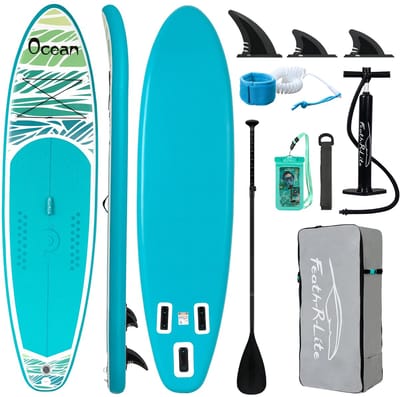 FUNWATER SUPFR03F – Opblaasbare SUP plank zeegolf design zeegroen 335x82x15 cm – 3 vinnen – stabiel & wendbaar