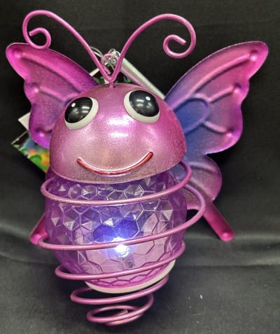 Metaal hangende solarlamp "Paarse vlinder rond" - meerkleurig - met 1 LED - Hangend en Staand model - hoogte 12 x 16 x 11 cm - Tuindecoratie - Tuinverlichting