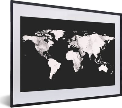 Poster in lijst - Fotolijst 60x40 cm - Posters - Wereldkaart - Marmer - Wit - Posterlijst zwart - Decoratie - Wanddecoratie woonkamer - Muurdecoratie slaapkamer