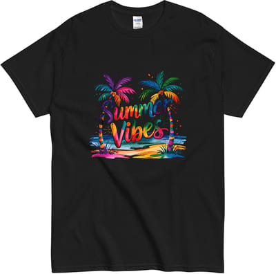 Dames Heren Tshirt Summer Vibes - Palmbomen Strand Illustratie - Zwart - S