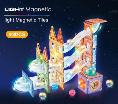 Magnetisch knikkerbaan met Licht – Manga Tiles - Mangnetisch bouwstenen met knikkerbaan - 93-delige - Magnetische Bouwset – Educatief Constructiespeelgoed voor Kinderen