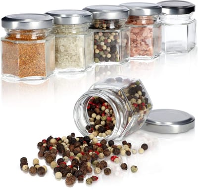 KADAX Universele kruidenpotjes, 30 ml, potjes voor specerijen, voorraaddozenset, glazen potten voor jam, jam, glas met metalen deksel, kruidenpotjes (6 stuks, transparant)