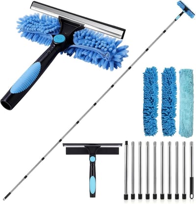 Raamreinigingsapparatuur - Telescopische Raamwisser - Hoge Ramen Reinigen - Draaibare Kop - 390 cm - Blauw