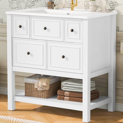 STILVORA Badkamerkast - Vrijstaand Wastafelmeubel Met 5 Lades - Keramische Wastafel Voor Badkamer - MDF En Keramiek - Wit - 76 x 46,5 x 82 cm