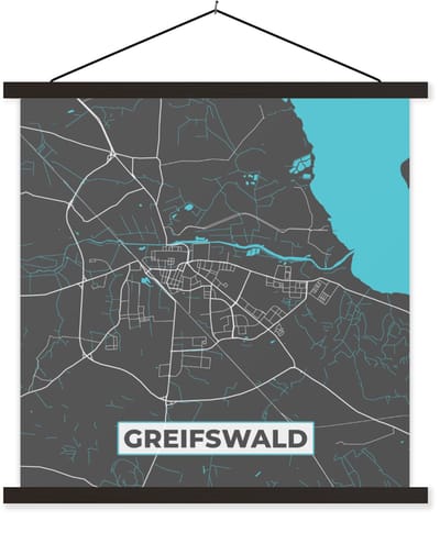 Posterhanger incl. Poster 120x120 cm - Schoolplaat - Duitsland – Blauw – Greifswald– Stadskaart – Kaart – Plattegrond - Textielposter - Zwarte latten - Stadskaart