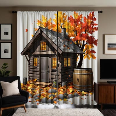 2 pièces HD maison en bois d'automne sous érable rideau décoratif Jaune attache rideau imprimé numérique Décoration de maison style deco W52H63inchW132H160cm white