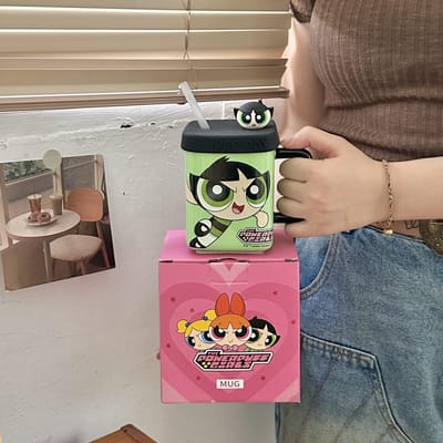 Echte Powerpuff's Kleine Politievrouw Gezamenlijk Merk Keramische Mok met Deksel Rietje Beker voor Huishoudelijk Drinkwater Beker voor Meisjes Verjaardagscadeau 301-400ml