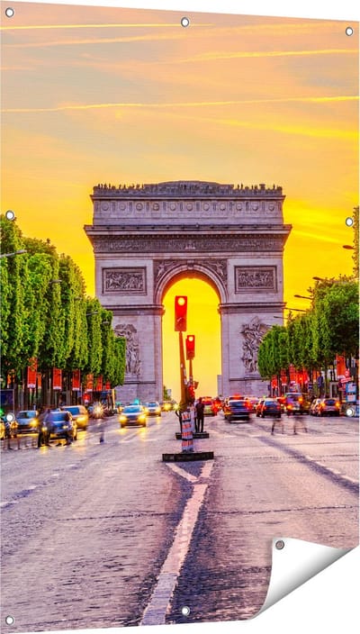 Gards Tuinposter Arc de Triomphe in Parijs vanaf de Straat - 80x120 cm - Tuindoek - Tuindecoratie - Wanddecoratie buiten - Tuinschilderij