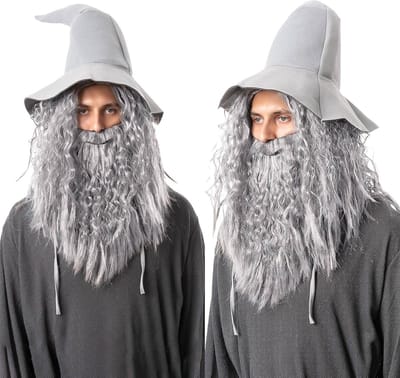 Lange Krullende Grijze Peruc en Baard voor Cosplay en Halloween, Tovernaar Kostuum voor Feestjes en Kerst