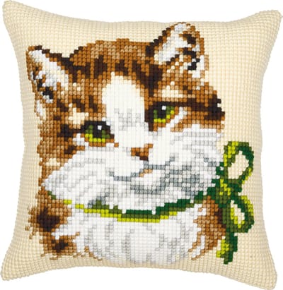Vervaco - Kruissteekkussen kit - 40 x 40cm - Poes met strik op creme achtergrond - PN-0008612