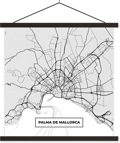Posterhanger incl. Poster 60x60 cm - Schoolplaat - Mallorca - Stadskaart - Zwart Wit - Plattegrond - Kaart - Textielposter - Zwarte latten - Stadskaart