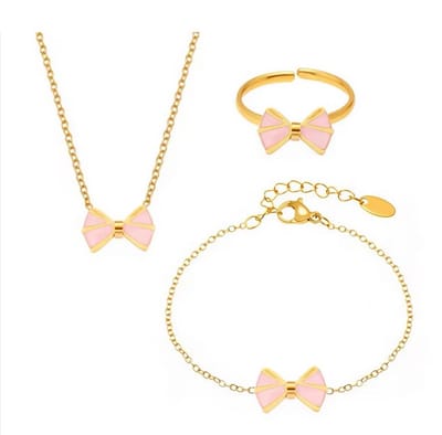 Meisjes Sieraden - Sieradenset Strikje Roze Goud - kinderketting meisje - Ketting Armband Ring - Stainless steel - Vanaf 5 jaar