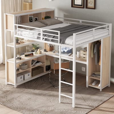 DESMIU Hoogslaper 140x200cm – Hoogslaper met Bureau en Opbergruimte – Ingebouwde Kleerkast – Voor Jeugdkamer of Slaapkamer – Metaal en Hout – Wit – Zonder matras