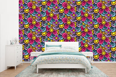Behang - Fotobehang Patroon - Hippie - Bloemen - Paars - Breedte 385 cm x hoogte 240 cm