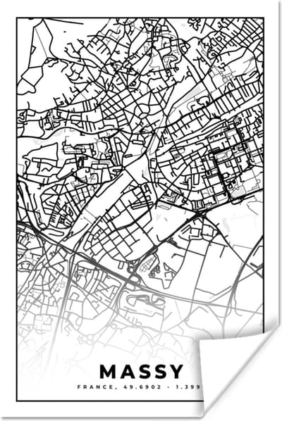 Poster Kaart - Stadskaart - Massy - Frankrijk - Plattegrond - Zwart wit - 120x180 cm XXL