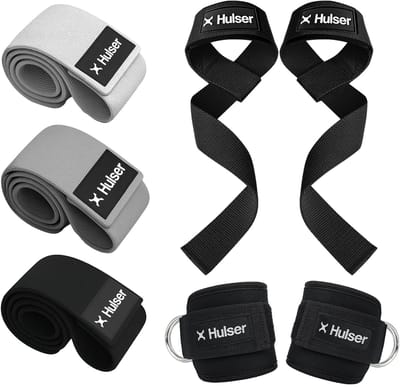 Hulser Sportieve bundel - 2 Ankle straps, 2 Lifting straps en Resistance band set - Zwart - Enkel strap - Wrist wraps grips - Enkelband Cuff - Weerstandsband - Fitness booty band - Stretch elastiek - Krachttraining & Lifting