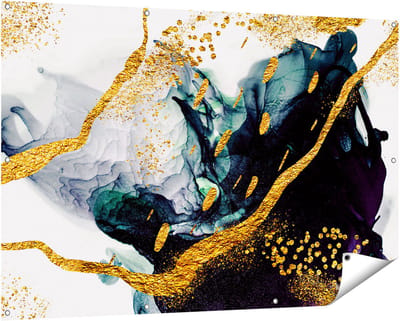 Gards Tuinposter Abstracte Kunst - Zwart Wit met Gouden Strepen - 150x100 cm - Tuindoek - Tuindecoratie - Wanddecoratie buiten - Tuinschilderij