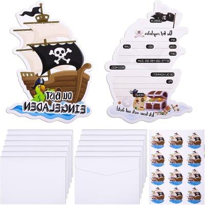 Piratenuitnodigingen voor Kinderen - 12 Stuks Verjaardagskaarten met Envelop en Stickers voor Jongens en Meisjes